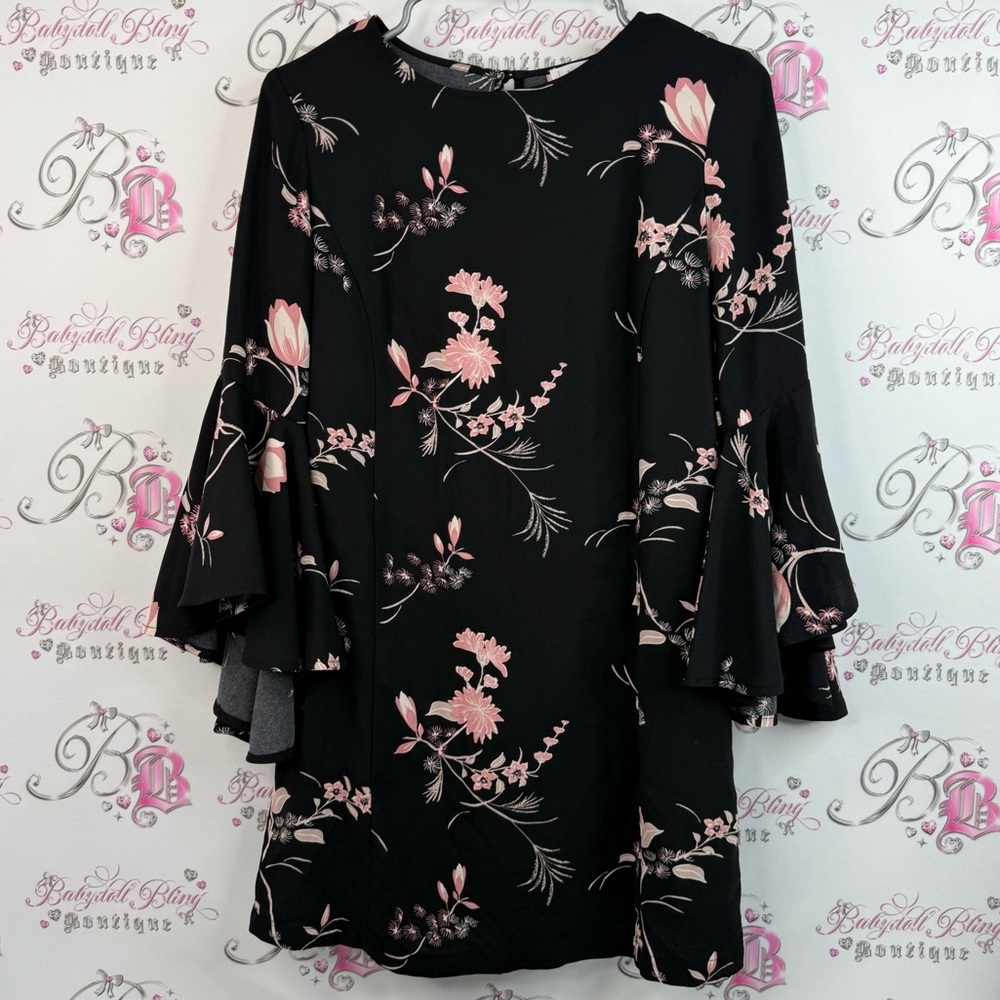Leith mini dress or long top bell bottom sleeve Black Dress Pink Floral Design